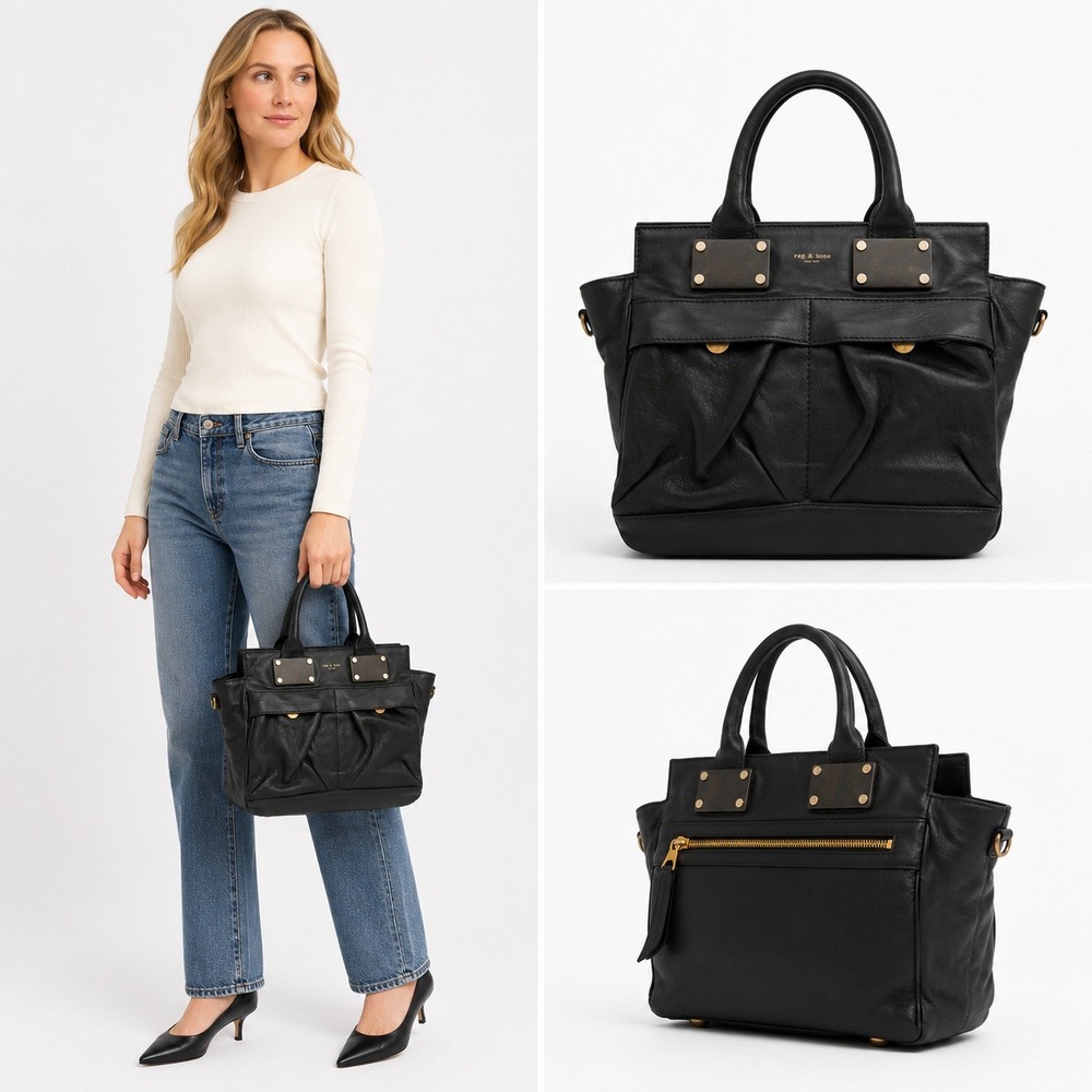Rag & Bone Pilot Black Leather Satchel Bag Made Italy Top Handle Purse